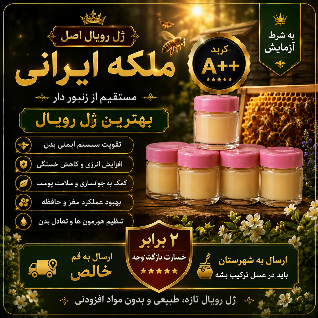 ژل رویال ده گرمی  اصل ملکه ایرانی به ضمانت آزمایش